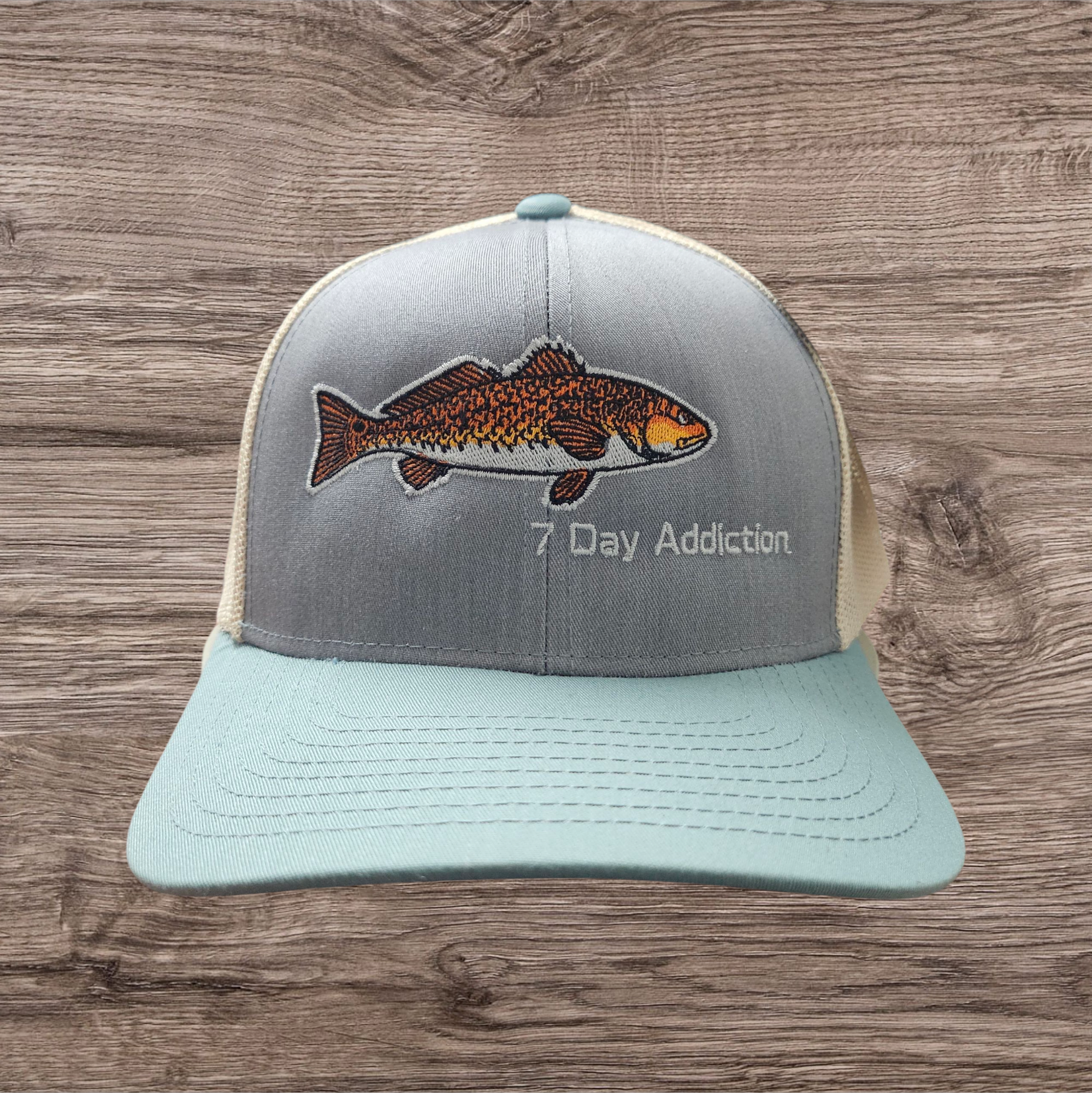 7 DAY MESH CAP, RED FISH, GREY AND BLUE WITH MESH BACK